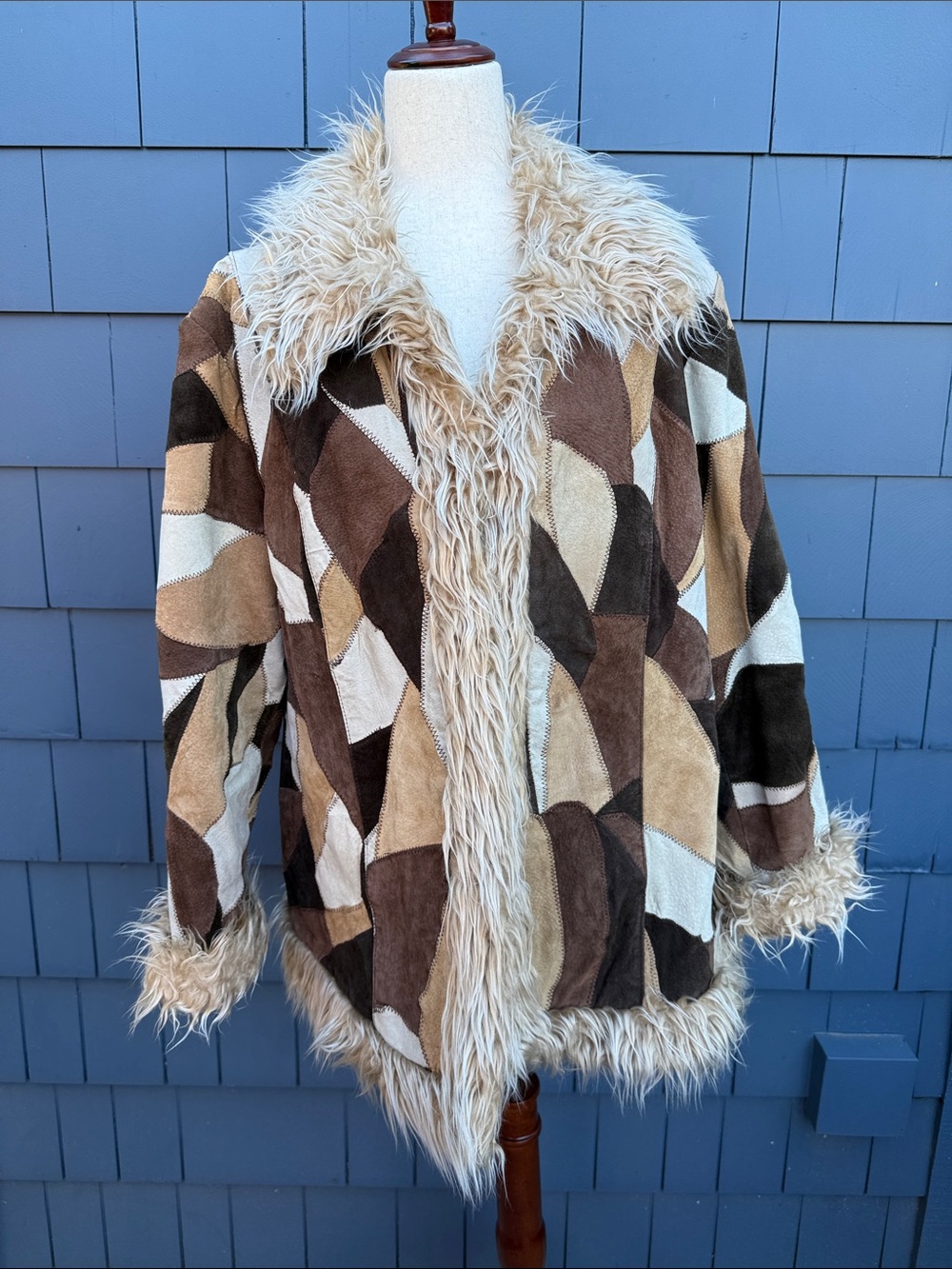 Outbrook 2XL Patchwork Faux-Shearling Coat in Brown & Cream suede plus